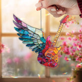 Electric Guitar with Wings Acrylic Suncatcher, Colorful Stained Glass Style Music Window Decor Gift for Rock Music Lover Home